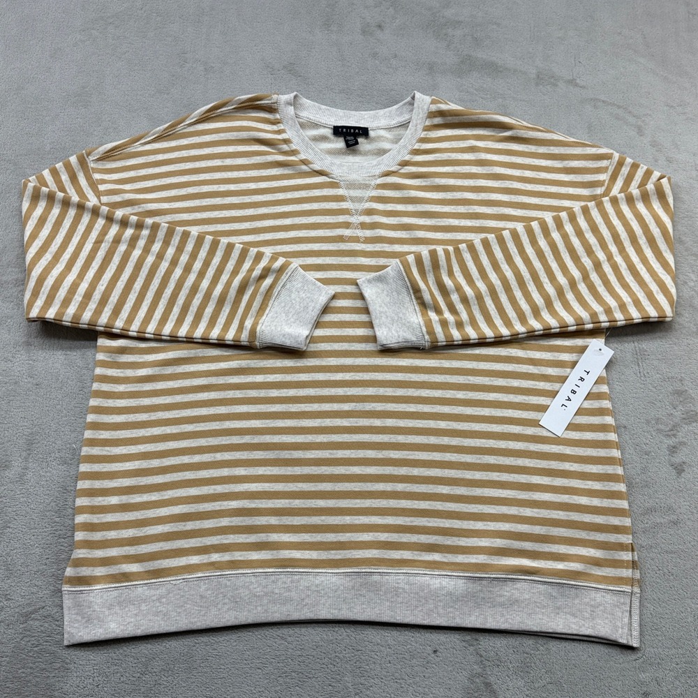 Tribal Sweatshirt Women XL Tan Gray Striped Crew Neck Long Sleeve Preppy Coastal